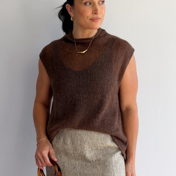 Women’s Open-Knit Mock Neck Sweater Tank – Cocoa Brown Top - Picture 2 of 10